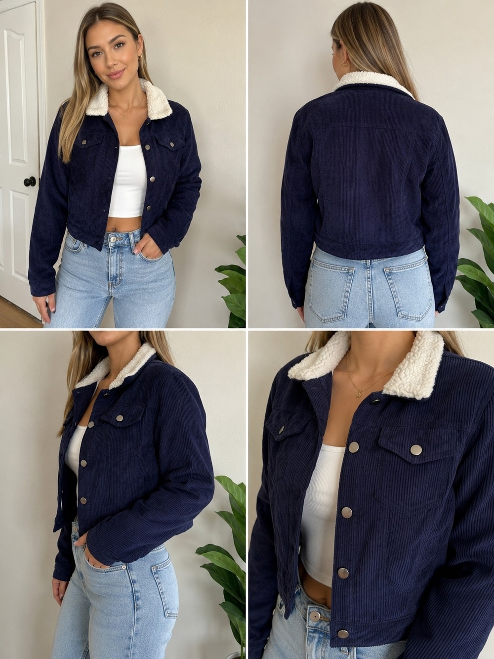 Fashion Nova Sherpa Lined Corduroy Jacket Navy Blue Cropped Button Front L